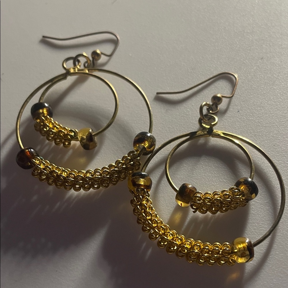 Gold Tone Double Hoop Beaded Drop Earrings